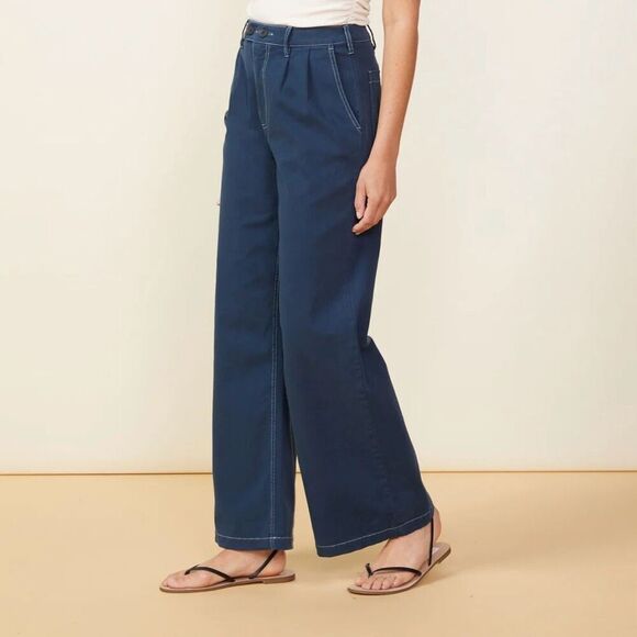 Monrow Cotton Twill Wide Leg Trouser‎ Pant Pleated Navy Blue Women Large HB0684 - Picture 8 of 11